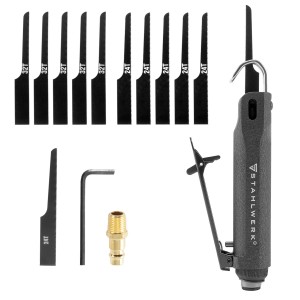 STAHLWERK Druckluftstichsäge DBS-900 ST Set mit Sägeblättern, Sechskantschlüssel und Anschlussnippel.