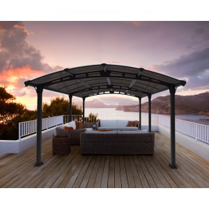 Canopia Pavillon Tuscon 3.6 x 5.1 in Anthrazit mit Sitzgruppe auf Terrasse.