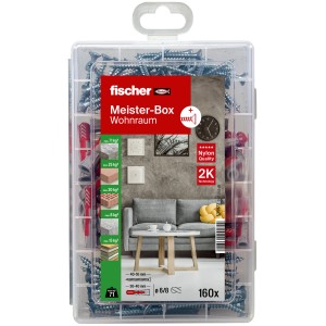 Fischer Meister-Box Wohnraum mit 160 Dübeln und Schrauben, sortiert in transparenter Kunststoffbox.