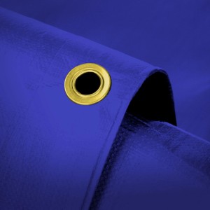 Blaue PVC Abdeckplane mit goldener Metallöse. Wasserdichte Gewebeplane für Bau, Garten und Schutz.