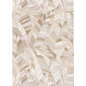 Beige Vliestapete mit stilisierten Blättern und goldenen Konturen, Elle Decoration 4 Serenade.