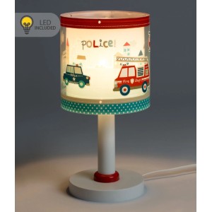 Weiße Dalber LED Tischlampe mit zylindrischem Schirm, bedruckt mit Polizei- und Feuerwehrfahrzeugen. Ideal als Nachtlicht für Kinder.