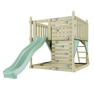 OutdoorToys Spielturm Sternenhimmel mintgrün mit Rutsche, Kletterwand und Leiter.