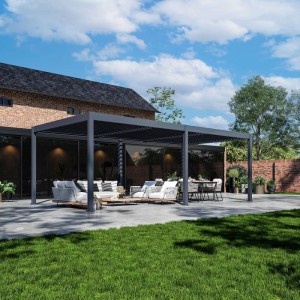 Anthrazitfarbene Paragon Outdoor Pergola Grand Tuscan 1224 mit Lamellendach und Gartenmöbeln.