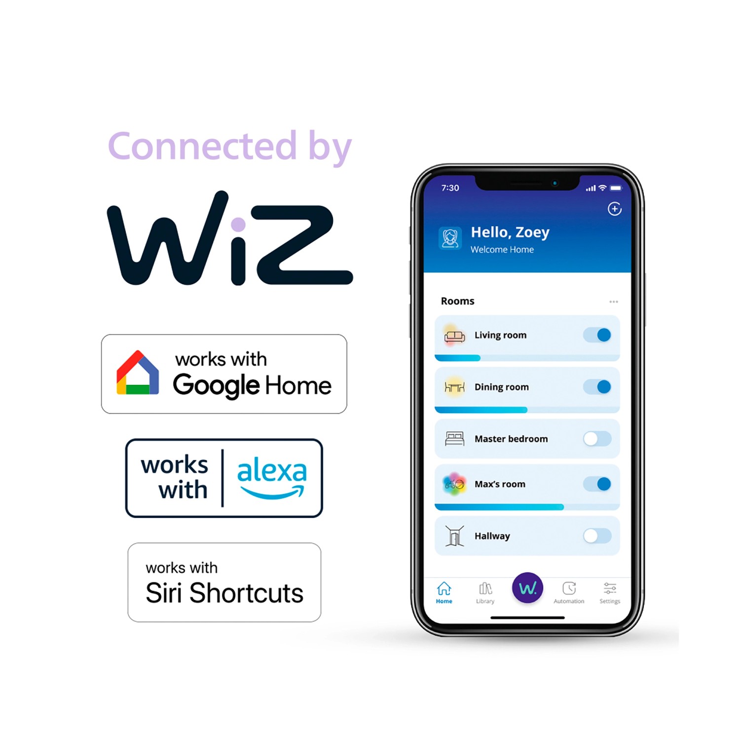 Philips Smart LED-Leuchtmittel mit WiZ App Steuerung auf Smartphone dargestellt.