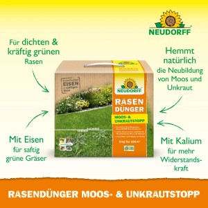 Neudorff Rasendünger Moos- & Unkrautstopp 5 kg. Karton mit Vorher-Nachher-Bild für dichten, grünen Rasen ohne Moos und Unkraut.