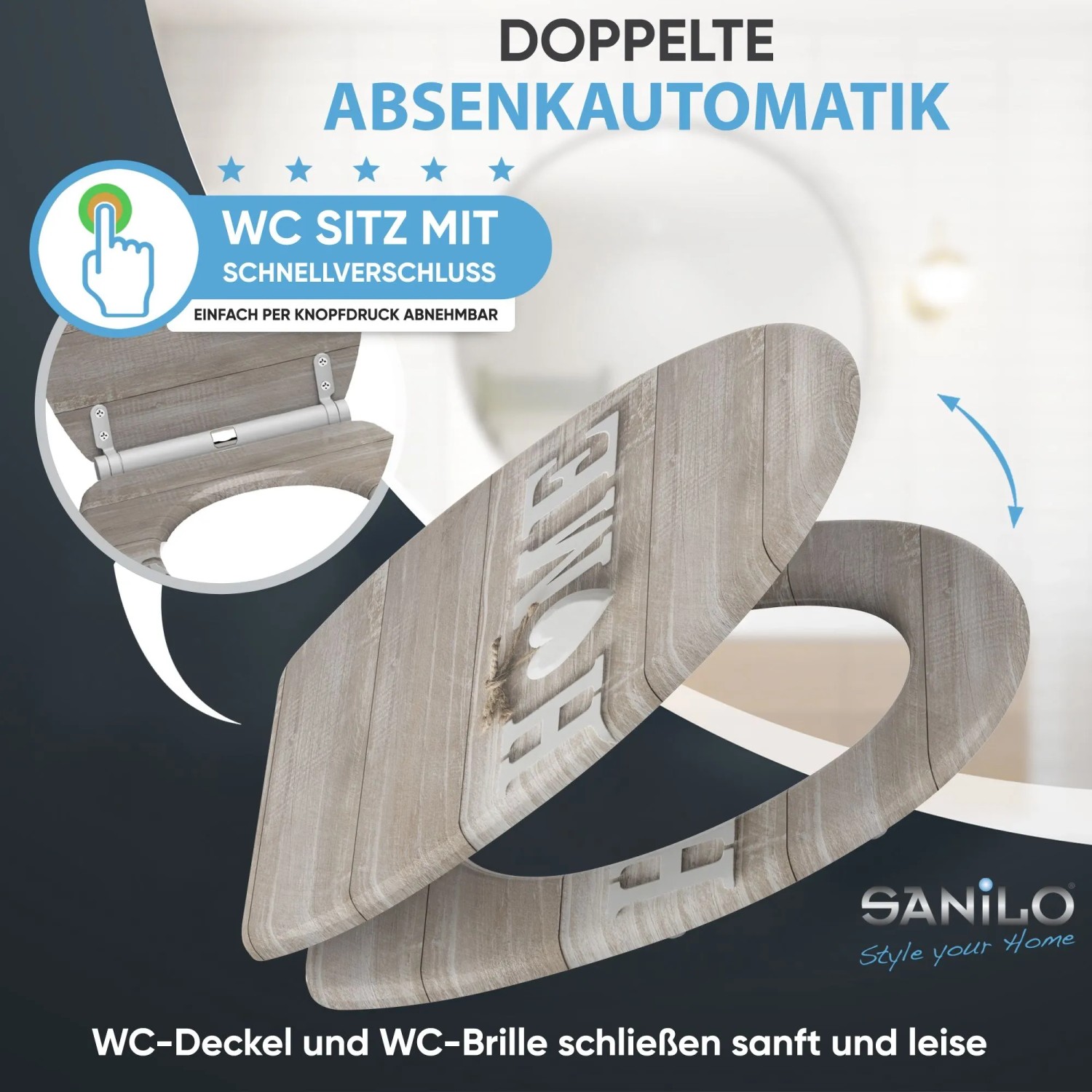 SANILO WC-Sitz Home mit Absenkautomatik und Holz-Optik. WC-Deckel und Brille schließen sanft.