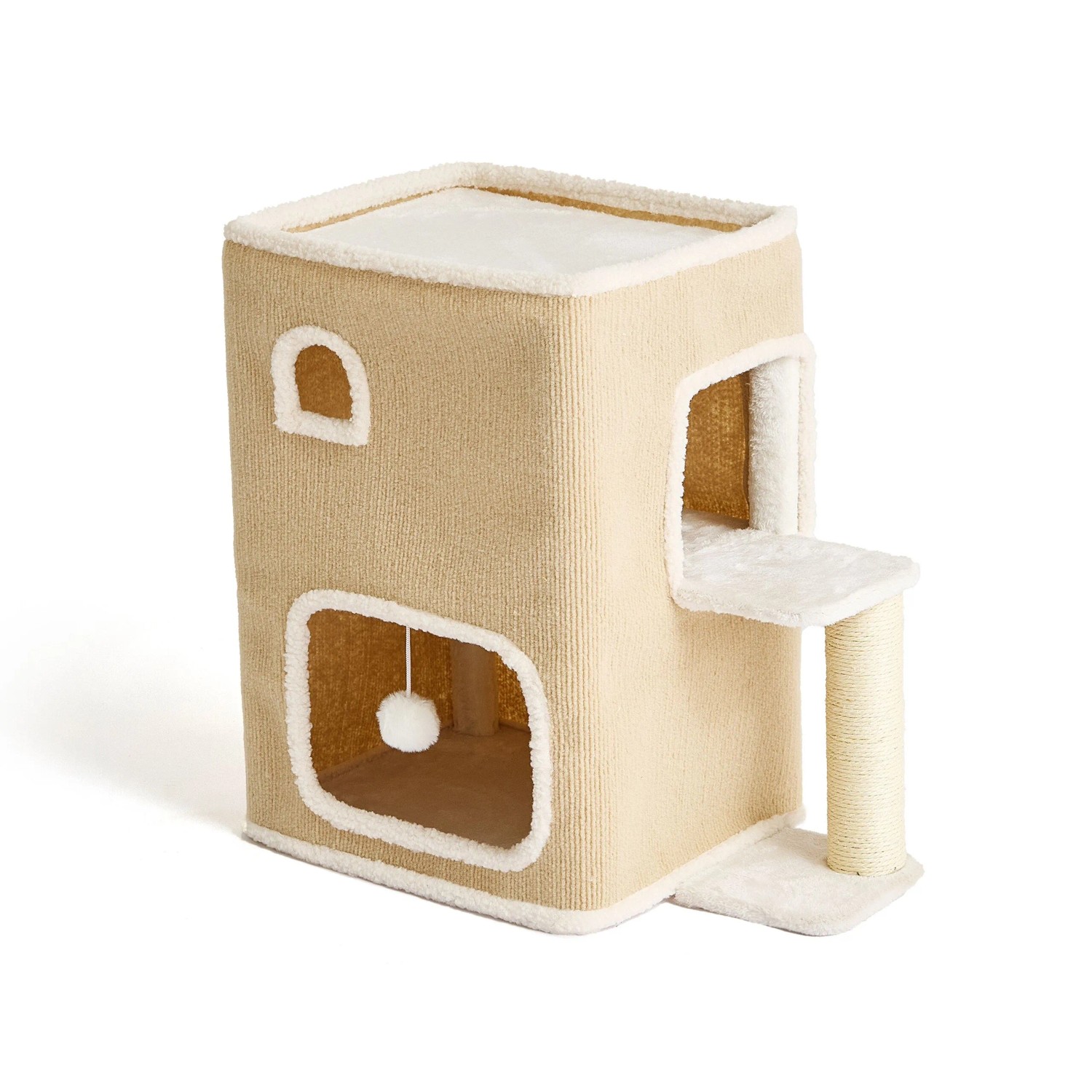 Relaxdays Katzenhaus MDF Polyester Sisal Beige 2-Etagen mit Spielball Kratzstamm 58 cm x 57.5 cm x 35 cm 3.9 kg