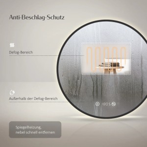 Emke LED Badspiegel 70cm mit Antibeschlag-Funktion und Uhr. Detailaufnahme der Spiegeloberfläche.