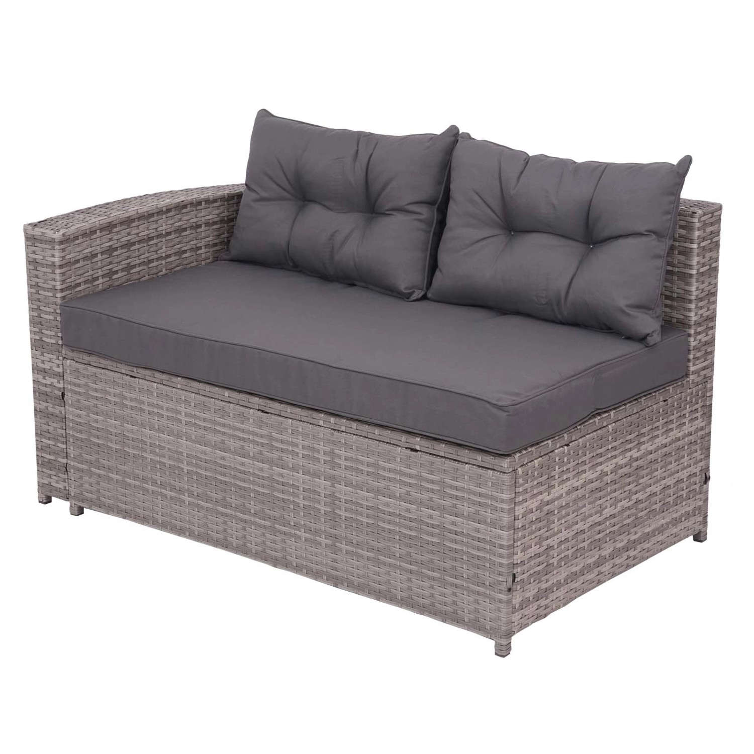 Graue 4-teilige Poly-Rattan Lounge-Garnitur mit dunklen Kissen. Gartenmöbel mit Stauraum.
