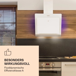 Weiße Klarstein Aurora Eco 60 Kopffreihaube mit Glas-Design, lila Ambientelicht und Kochflächenbeleuchtung in Küche.