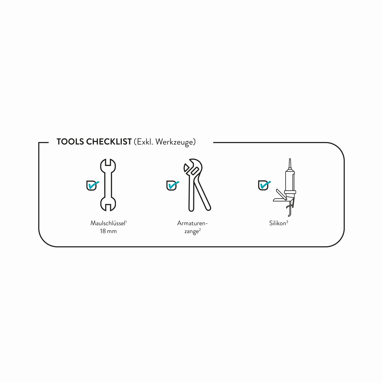 Werkzeug-Checkliste für den Einbau des Aufsatzwaschbeckens: Maulschlüssel, Armaturenzange, Silikon.