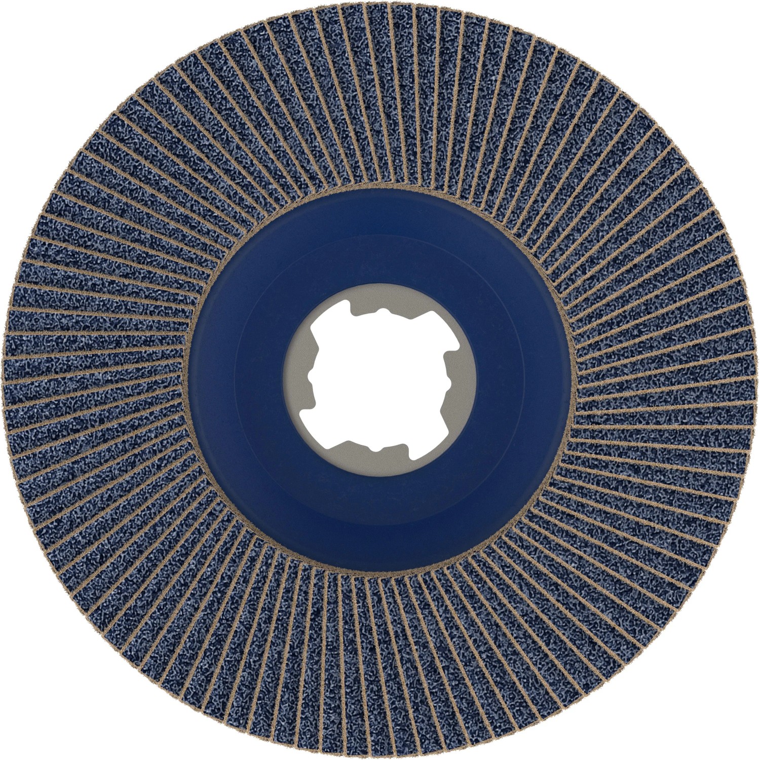 Bosch X-Lock Fächerschleifscheibe X571 Best for Metal, 125 mm, mit blauer Nabe und grauen Schleiflamellen.
