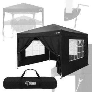 Schwarzer Pop Up Pavillon 3x3m mit Seitenwänden, Fenstern und Tragetasche. Faltpavillon für Garten & Events.