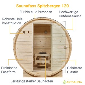 Artsauna Fasssauna Spitzbergen 120 aus Fichtenholz mit Ofen und Glastür für 2 Personen.
