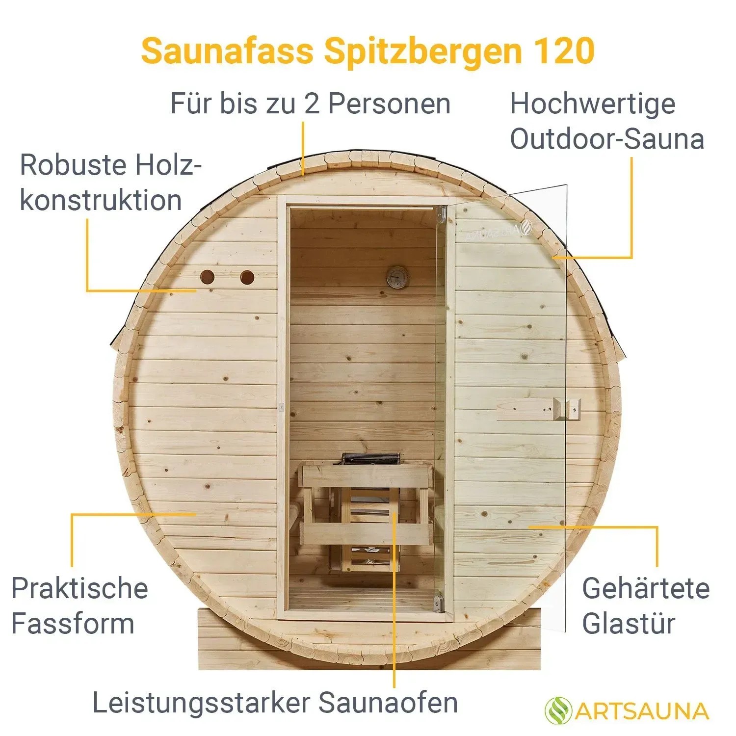 Artsauna Fasssauna Spitzbergen 120 aus Fichtenholz mit Ofen und Glastür für 2 Personen.