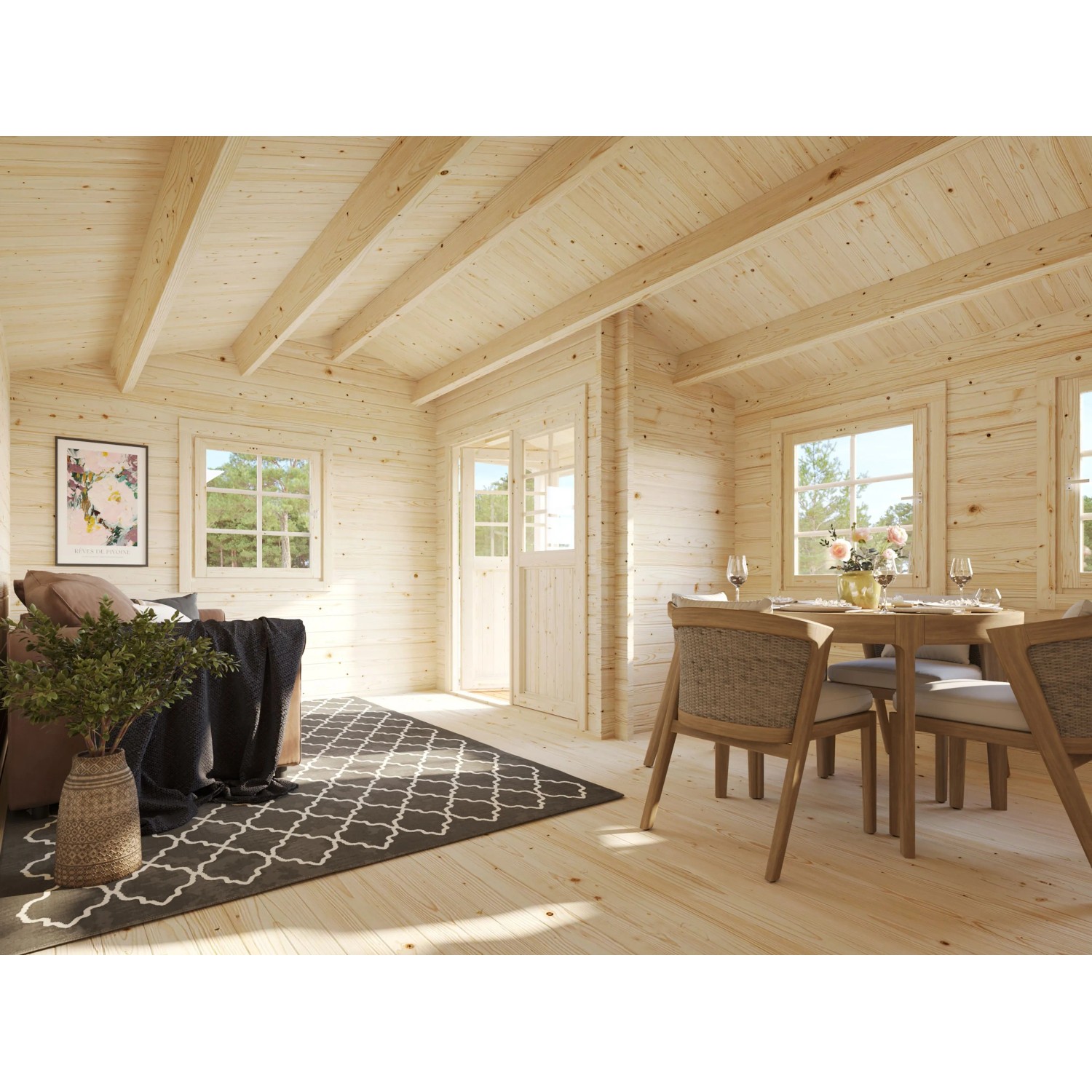 Innenansicht: Palmako Susanna Gartenhaus aus Holz mit Möbeln und Dekoration.