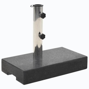 Rechteckiger, schwarzer vidaXL Sonnenschirmständer aus Granit mit Edelstahl-Halterung.