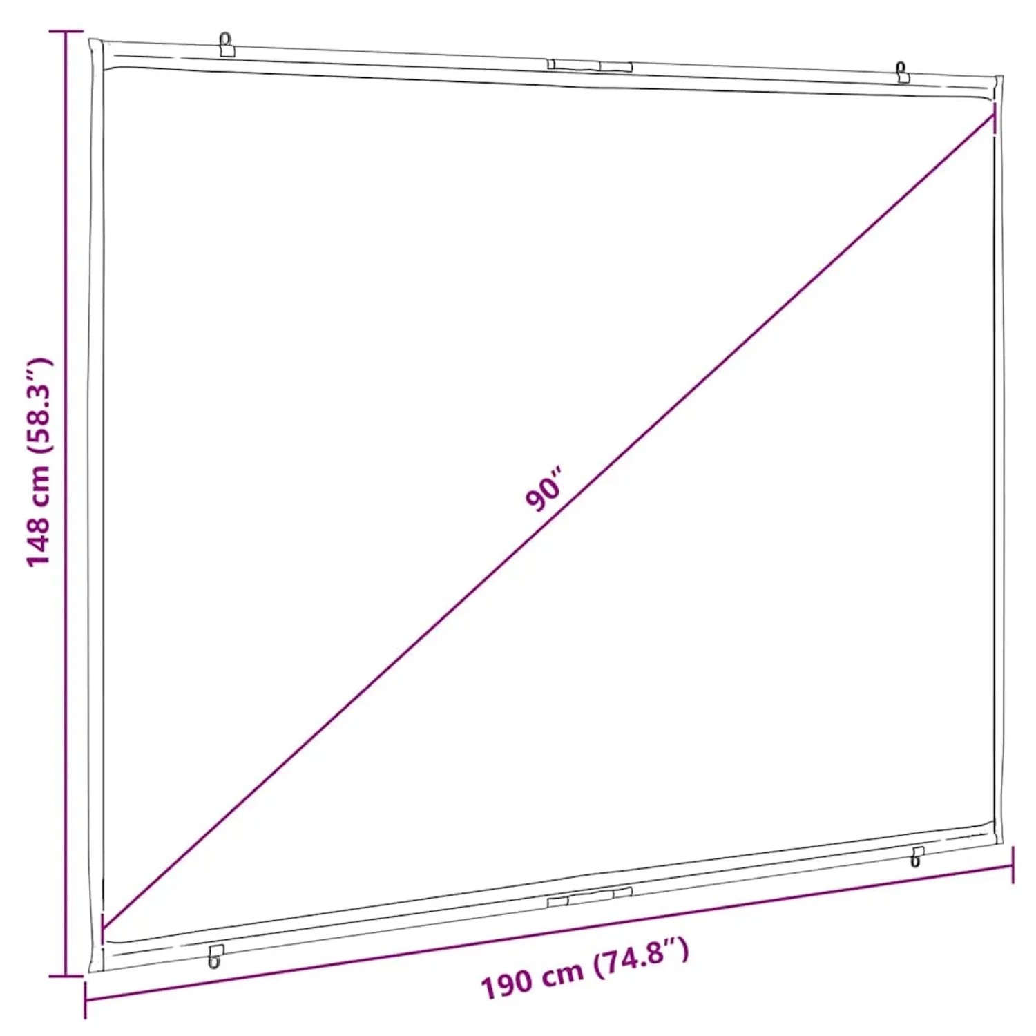 Weiße 90 Zoll Beamer Leinwand 4:3 mit schwarzen Rändern, 190x148 cm. Ideal wandhängend für Heimkino & Präsentationen.