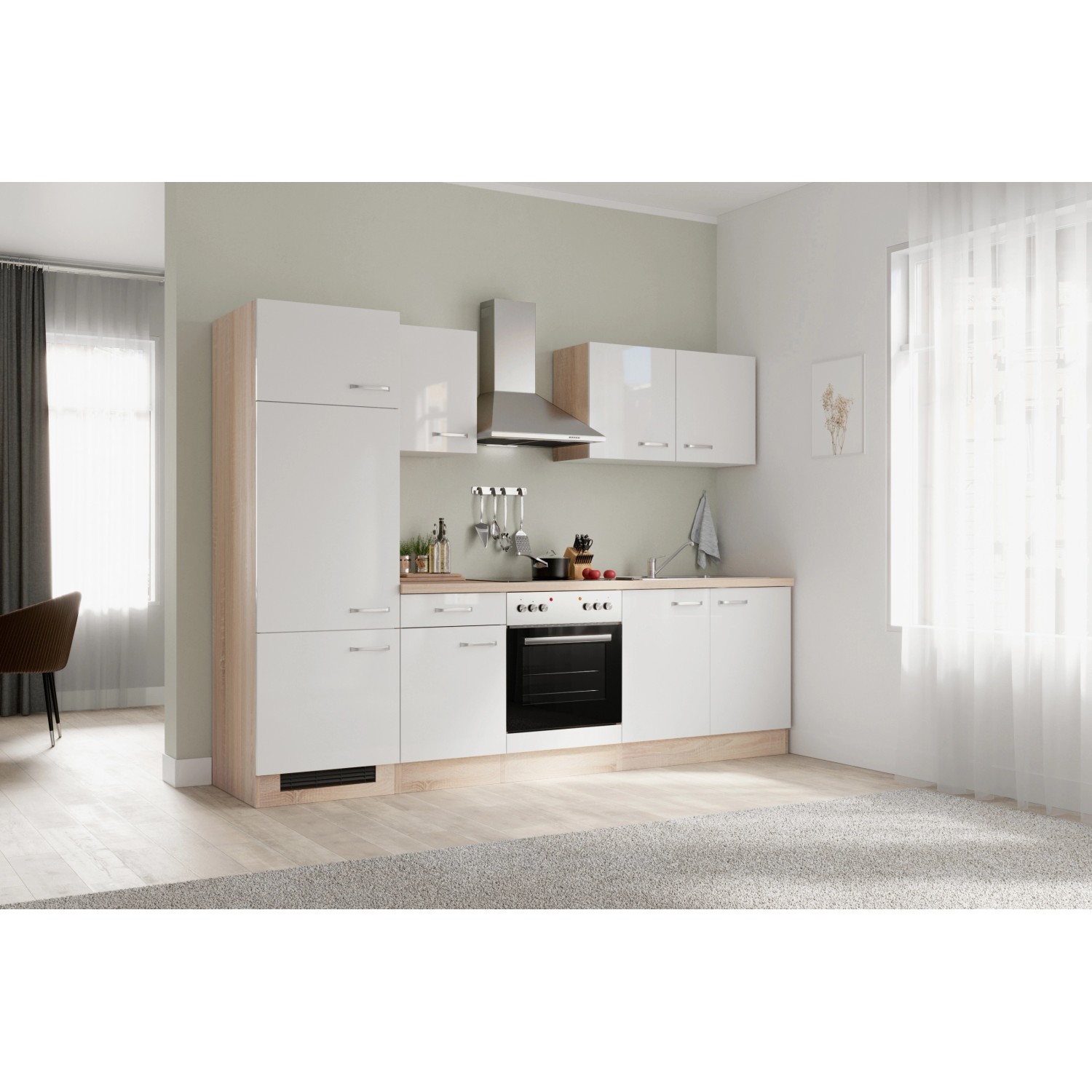 Moderne OBI Küchenzeile Valero, 270 cm, in Hochglanz Weiß und Sonoma Eiche mit E-Geräten.