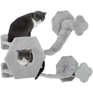 Hellgraue PawHut Katzen Kletterwand mit Katzenhaus, Stufen und zwei Katzen.