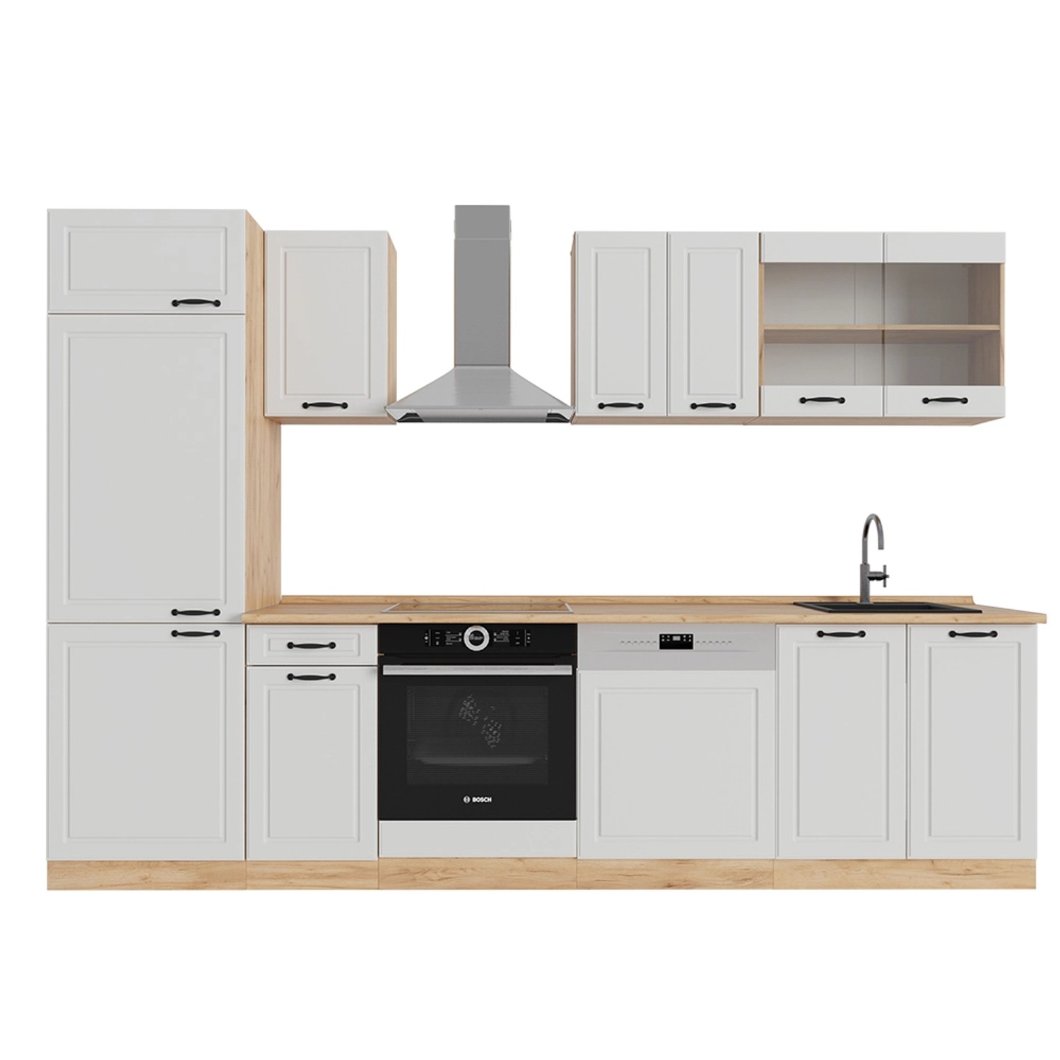 Vicco R-Line Küchenzeile Weiß Landhaus/Goldkraft Eiche 300 cm AP Eiche günstig online kaufen