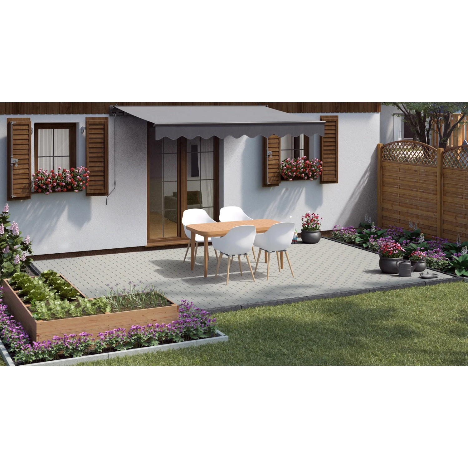 Verlegte, weiß gewaschene Rechteck-Pflastersteine aus Beton (20x10x6 cm) auf einer Terrasse mit Gartenmöbeln.