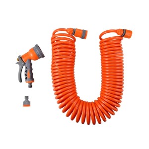 FUXTEC Spiralschlauchset FX-SPS1: Oranger 15m Gartenschlauch, selbstaufrollend, mit Multifunktionsbrause und Anschlüssen.