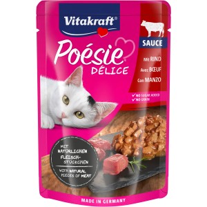 Vitakraft Poésie Délice Rind in Sauce, 85g Katzen-Nassfutter im pinken Beutel.