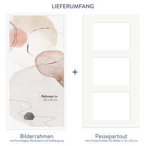 WANDStyle Galerierahmen G950, weiß gemasert, 30x60 cm für 3 Fotos 15x20 cm, mit Passepartout.