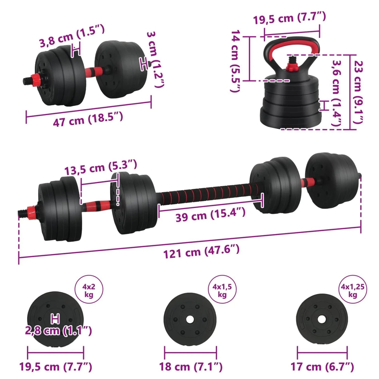 vidaXL 4-in-1 Hantelset 20kg: Kurzhantel, Langhantel & Kettlebell für dein Fitness-Workout.