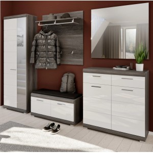 Inn.Furn Garderoben-Set 5-teilig Weiß Hochglanz Grau mit Schuhschrank Shawn