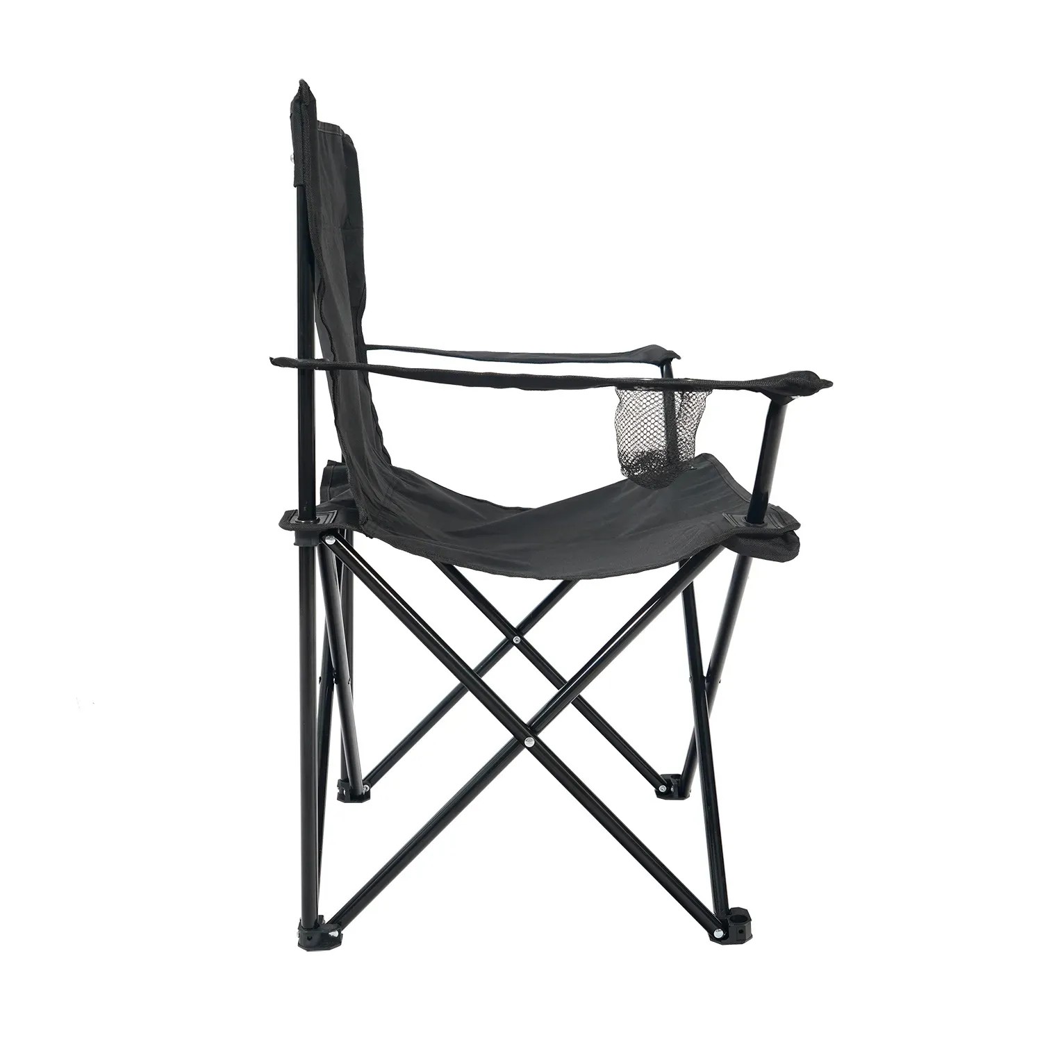 Schwarzer 24Move Campingstuhl Faltstuhl mit Getränkehalter und Tragetasche, ideal für Outdoor-Aktivitäten.