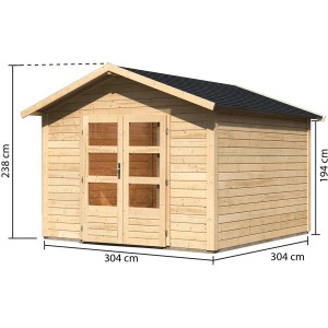 Karibu Holz-Gartenhaus Tessin 2, naturbelassen, mit Doppeltür, Boden und Dachschindeln, Maße: 300x300 cm.