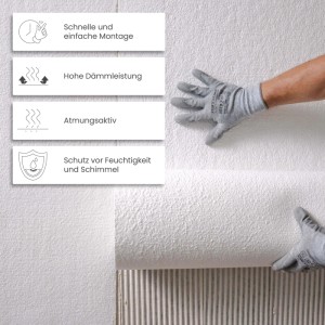 Protektor Innendämmung Isoliermatte wird an Wand angebracht. Dämmstoffe schützen vor Feuchtigkeit und Schimmel.