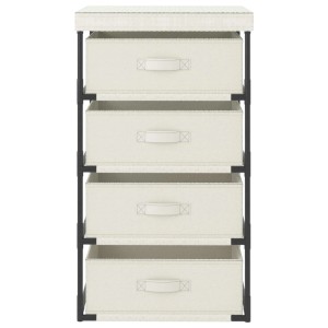 Cremefarbenes Aufbewahrungsregal mit 4 Stoffkörben und Stahlrahmen für Büro oder Zuhause.