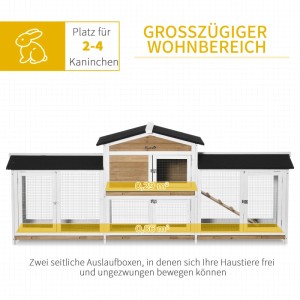 Großer PawHut Kleintierstall aus weißem Tannenholz mit Rampe und zwei Auslaufgehegen. Ideal für Kaninchen.