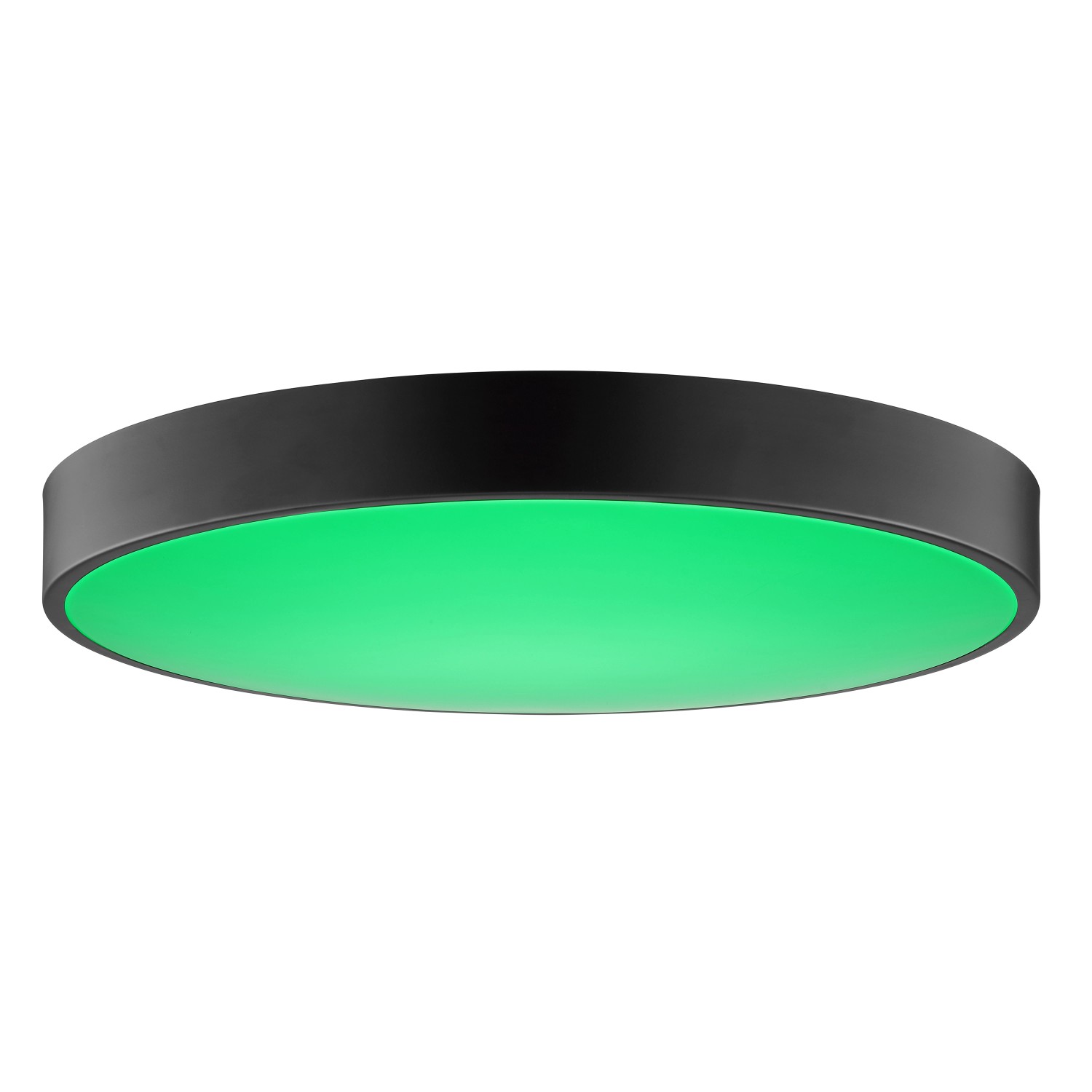 Moderne, runde LED-Deckenleuchte Vadin in Schwarz-Weiß mit grüner RGB-Beleuchtung.