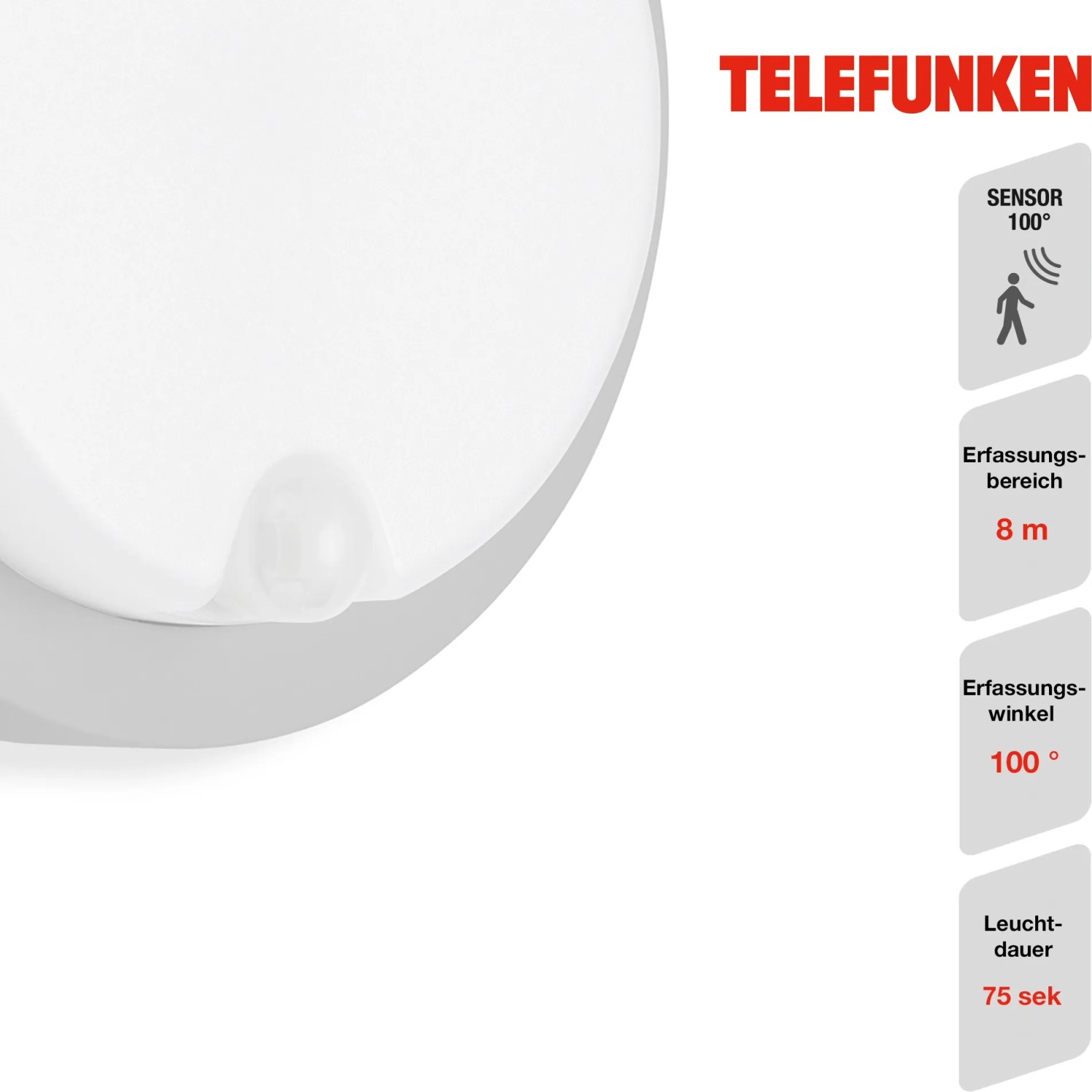 Telefunken LED-Außenleuchte Dortmund, silberfarbig, mit Bewegungsmelder. Runde Form.