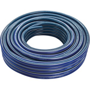 Aufgerollter, blauer LUX Gartenschlauch 13 mm (1/2) mit 30 m Länge.