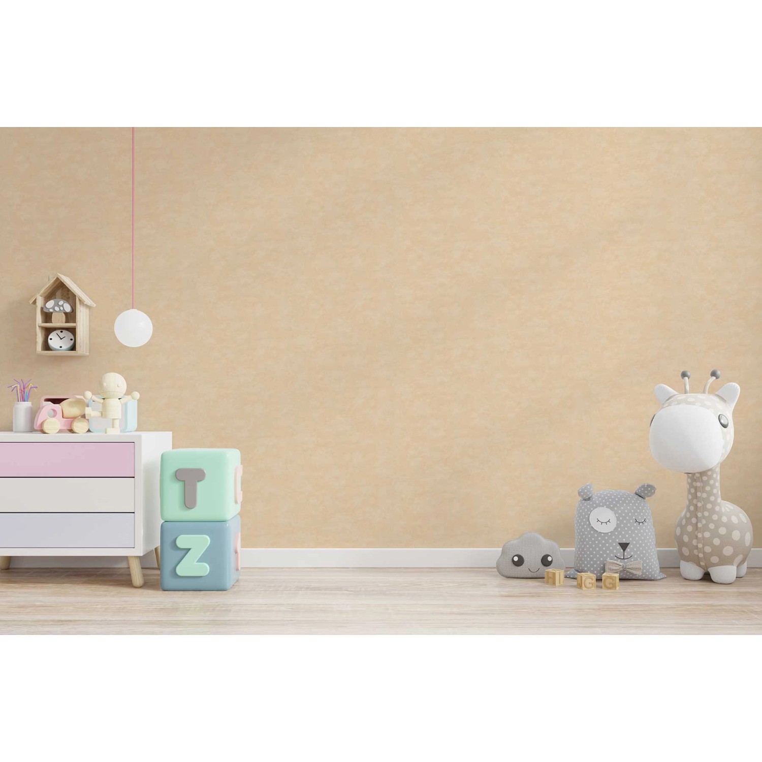 Gelbe Tadessi Unitapete (Papier) im Kinderzimmer mit Spielzeug und Kommode.