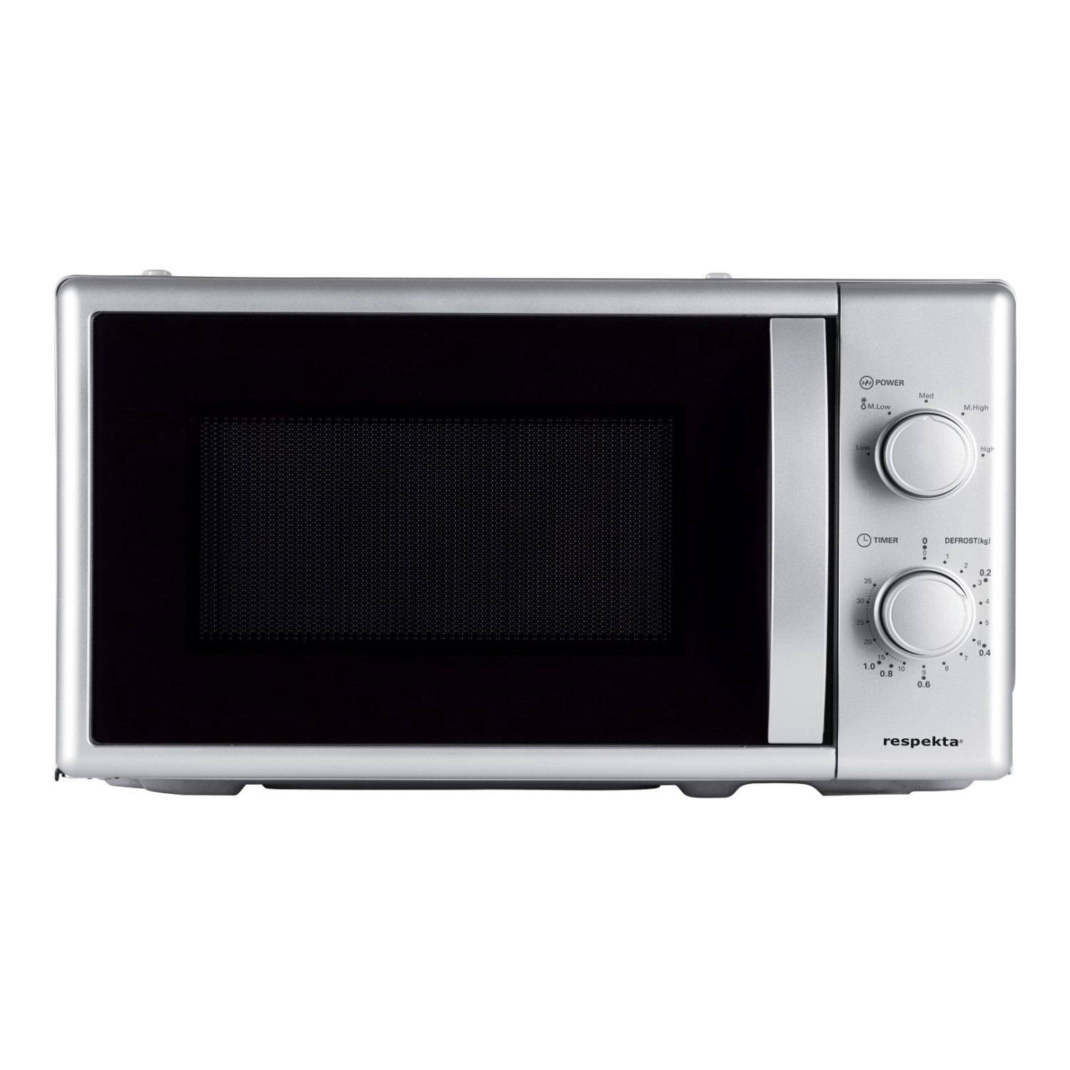 Respekta Mikrowelle MW700 für Küchenzeile, silberfarben mit Drehwählern.