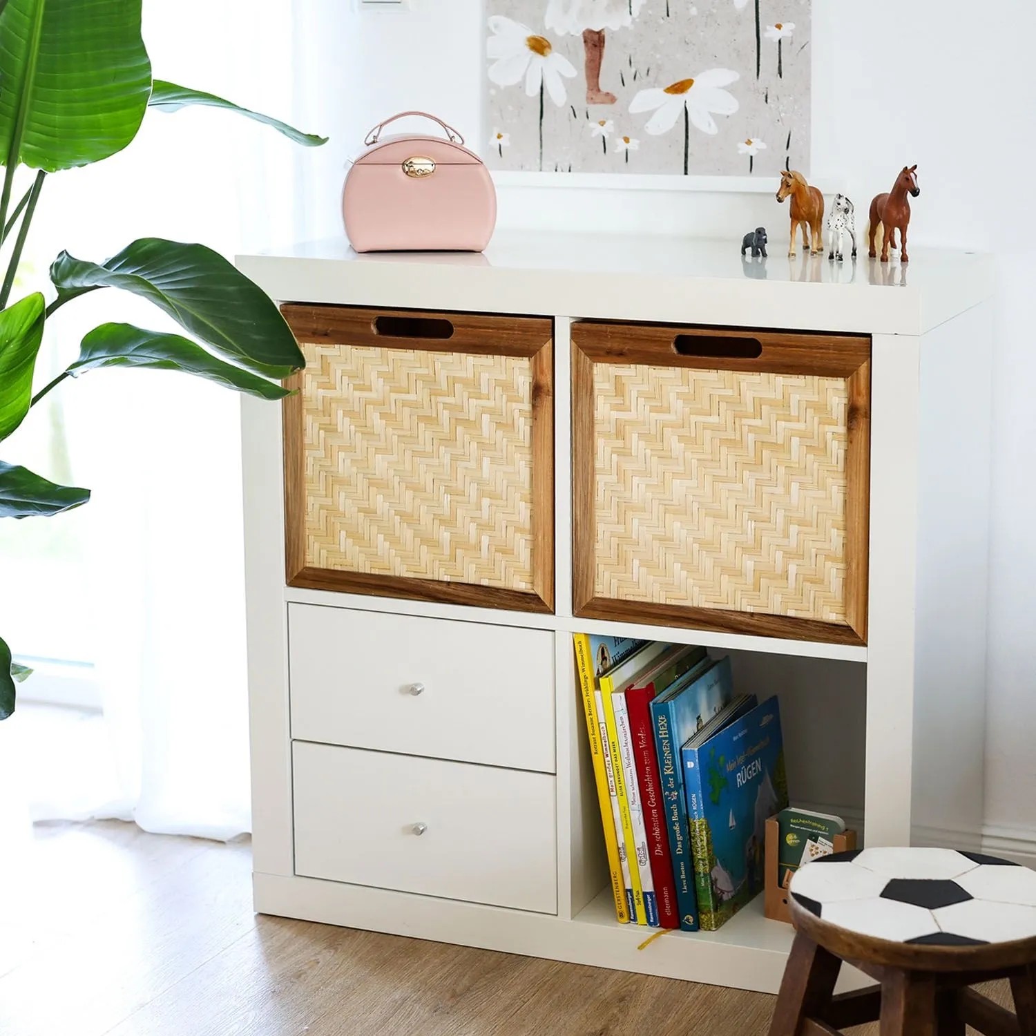 HMF 37640-M1 Aufbewahrungskorb Kallax Regale Korb Rattan Wiener Geflecht und Akazienholz Muster 1 32 x 34 x 32 cm_5