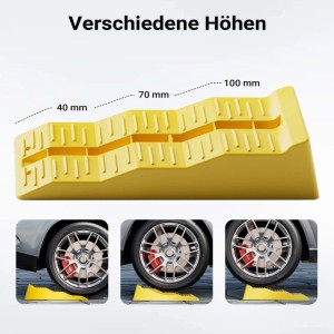 Gelbe Wiltec Stufenkeile für Wohnwagen und Wohnmobile, 3 Höhen, im Einsatz.