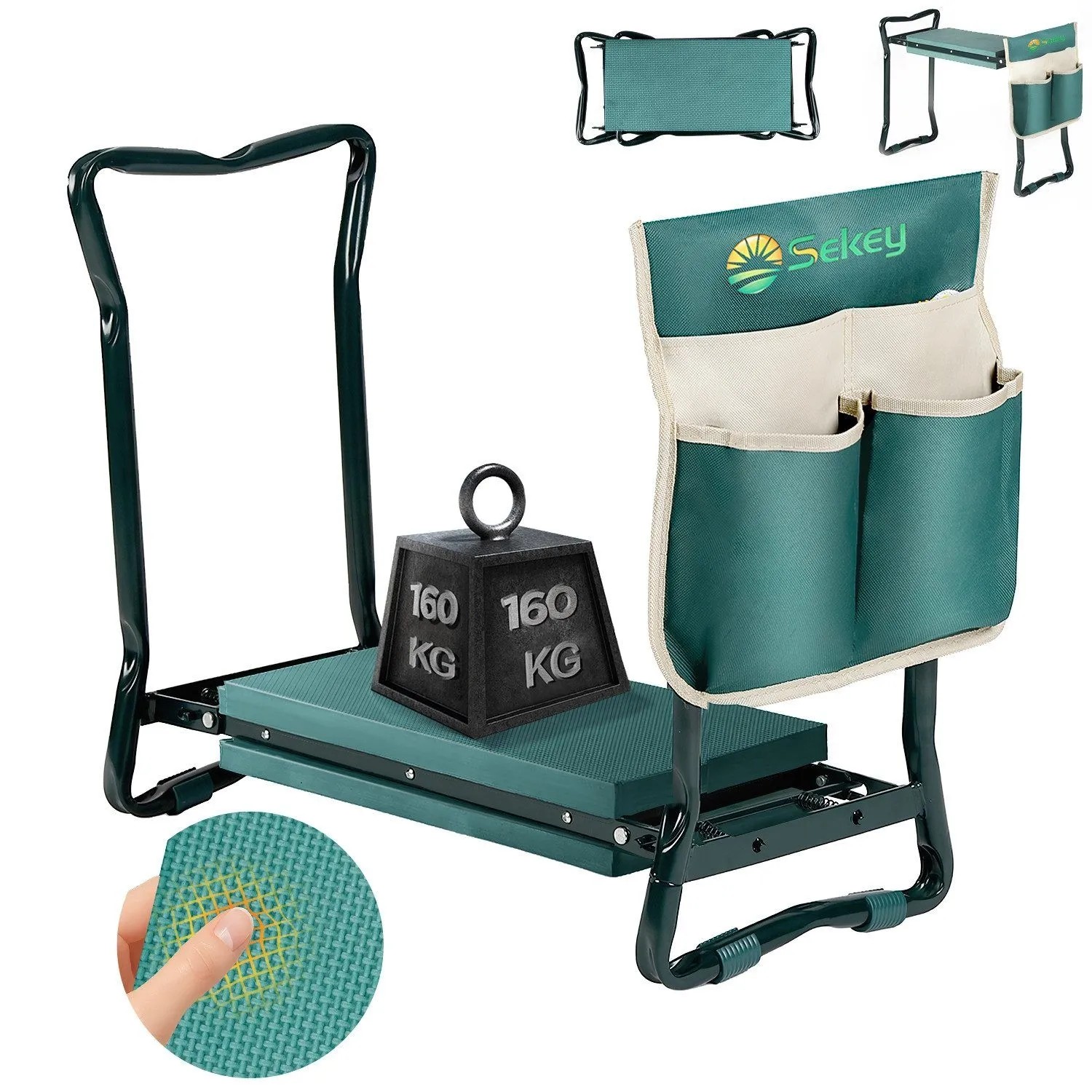 Sekey Kniebank 2 in 1 XXL Kniebank für Gartenarbeit Gepolstert Gartenhocker Klappbar Höhenverstellbar Gartenbank mit Werkzeugtasche 60x49x27,5cm