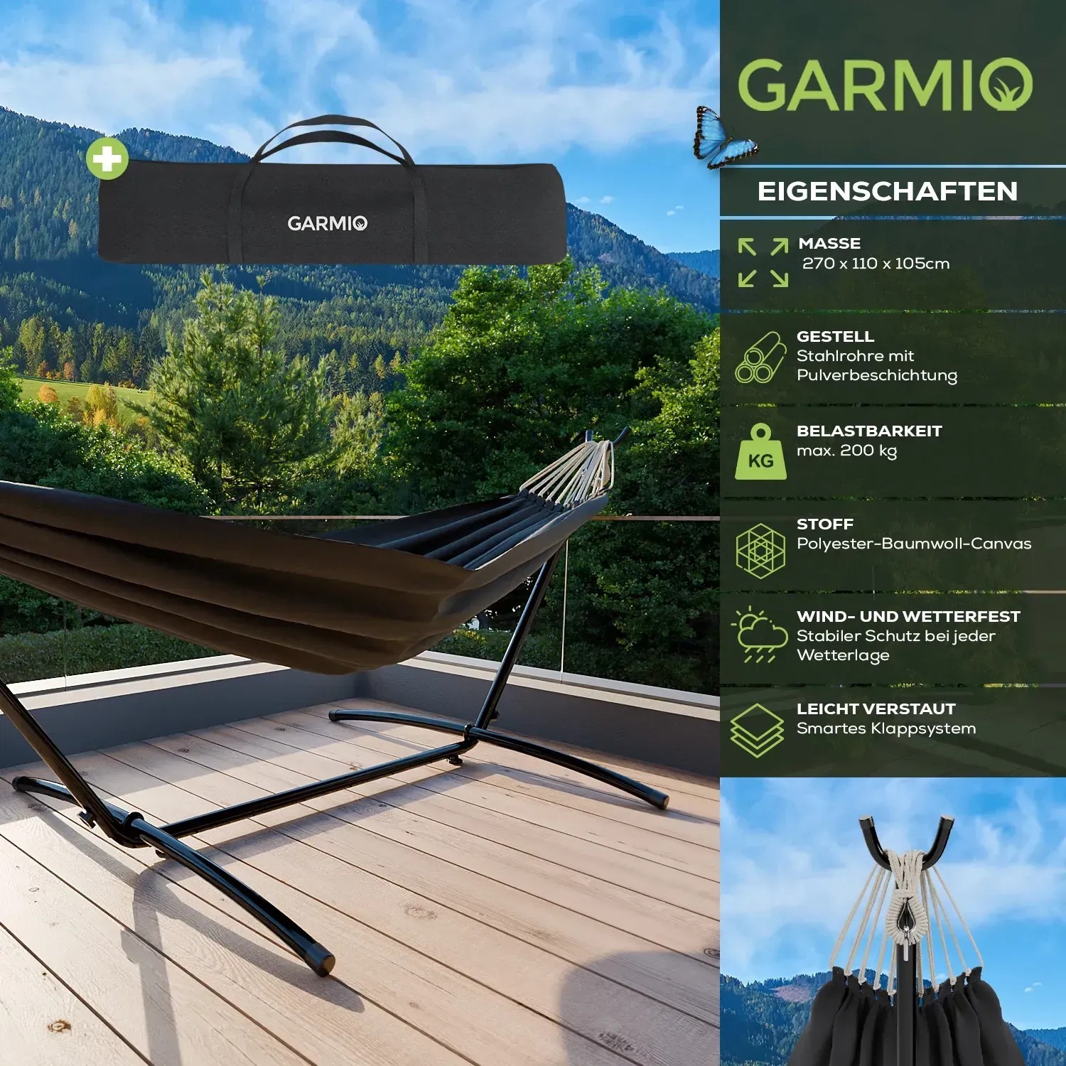 Garmio Hängematte Venedig Anthrazit mit Gestell und Tragetasche. Wetterfeste Gartenhängematte, belastbar bis 200 kg.