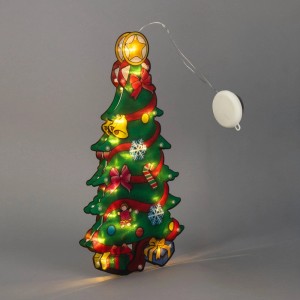 Konstsmide Fenstersilhouette Weihnachtsbaum mit 35 warmweißen LEDs, dekoriert mit Geschenken und Glocken, batteriebetrieben für Innen.