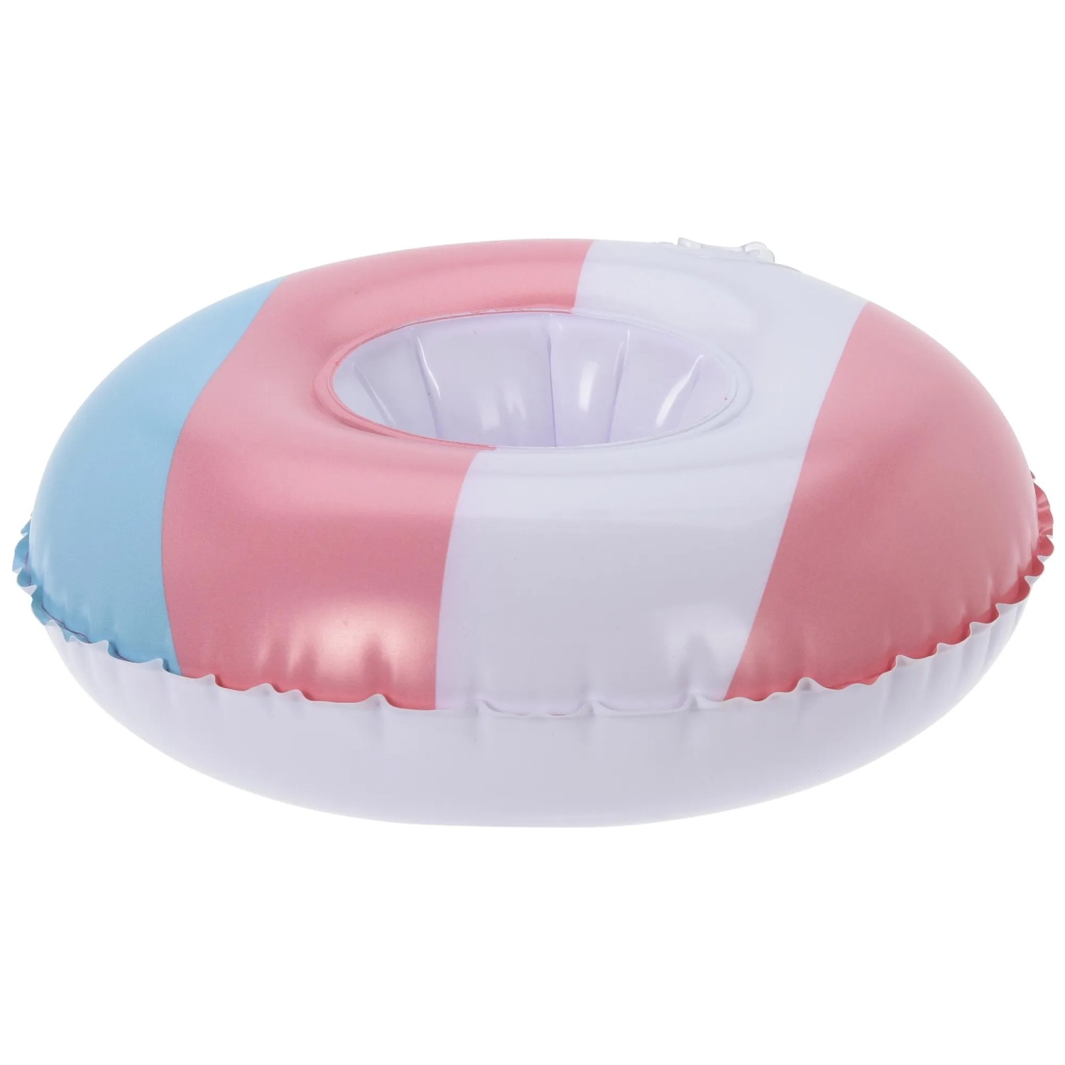 Aufblasbarer Becherhalter, Ø 22cm, Streifen-Design in Rosa, Blau und Weiß.