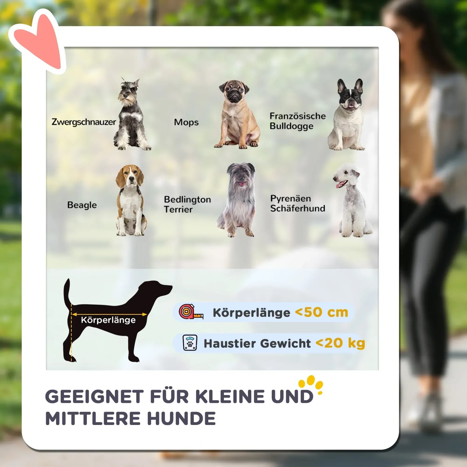 Infografik: Geeignete Hunderassen und Größen für den PawHut Hundewagen. Körperlänge <50cm, Gewicht <20kg.