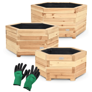 DELUKE 3er Set Pflanzkasten Holz 6-eckig MICHA mit Vlies und Handschuhe Pflanzkübel Tannenholz Blumenkasten Blumenkübel Terrasse